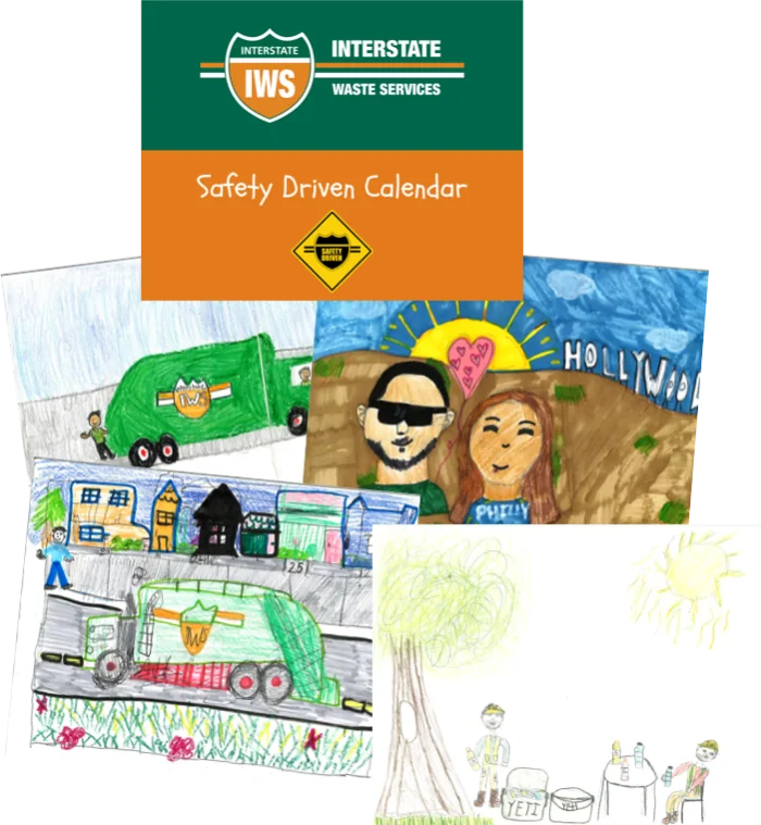The Safety Driven Calendar cover alongside several winning children’s safety drawings